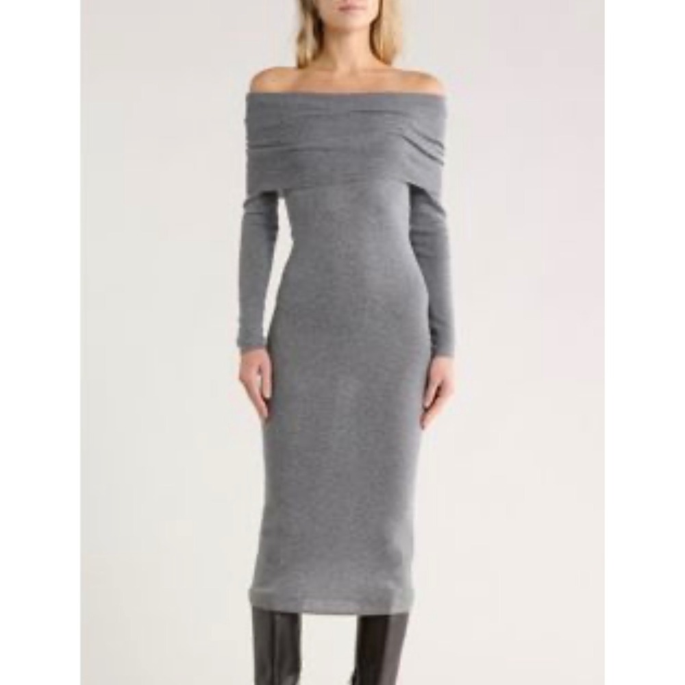 WAYF Heather Grey Off The Shoulder Sweater Midi Dress Large NWT